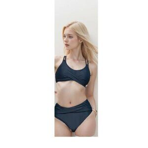 156.🆕Med  Navy Twisted Cross Back Tie Top & High Waist Bikini Bottom NWOT
